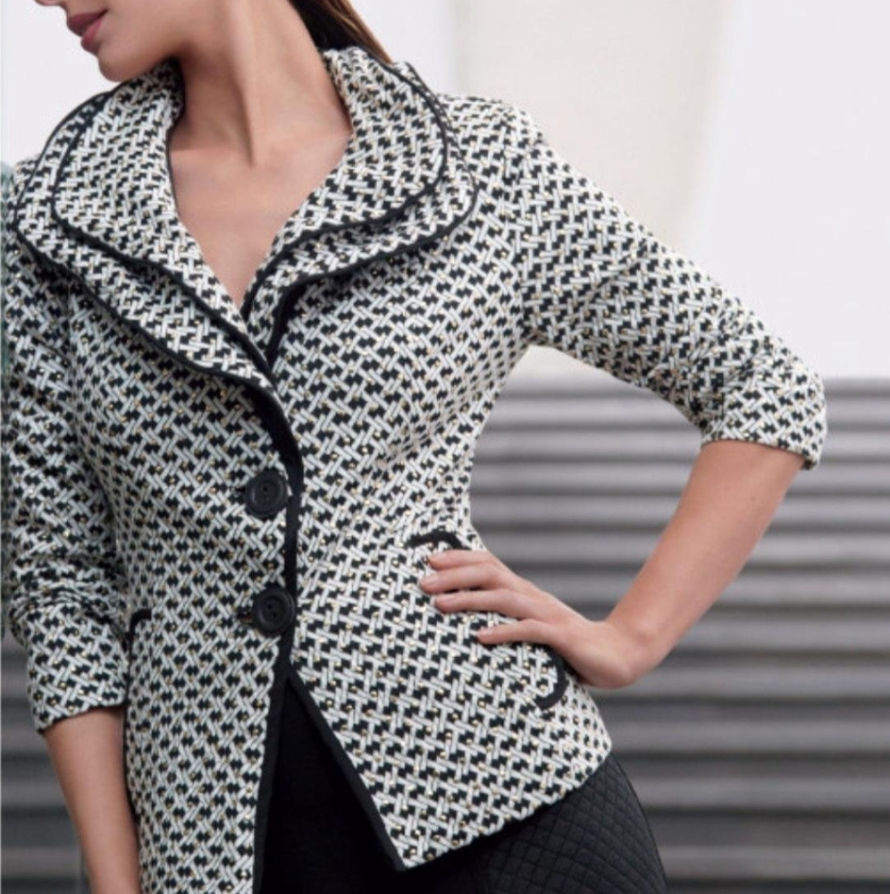 Joseph Ribkoff White and Gold Studs Geo Double Collar Flex Suit Blazer Jacket